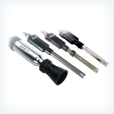 Hach pH sensing electrodes. Electrodes are used with a pH meter for electrochemical measurement to determine where the tested fluid falls on the pH scale.